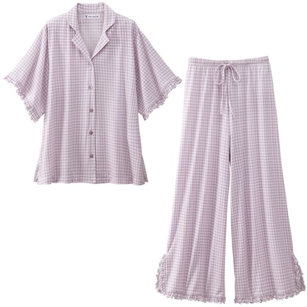 YU'NOW（ユナウ）の「【上下２点セット】レーヨンブレンドフリルシャツパジャマ（パジャマ・ルームウェア）」｜詳細画像