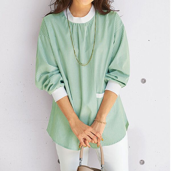 BELLUNA（ベルーナ）の「綿１００％ストライプ柄リブ切替チュニック（チュニック）」｜詳細画像