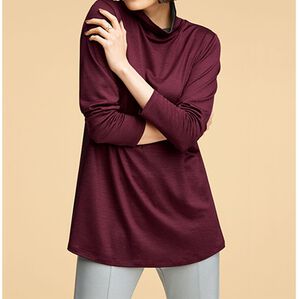 BELLUNA（ベルーナ）の「【日本製】艶やかウール１００％衿配色カットソーチュニック（チュニック）」｜ワイン系