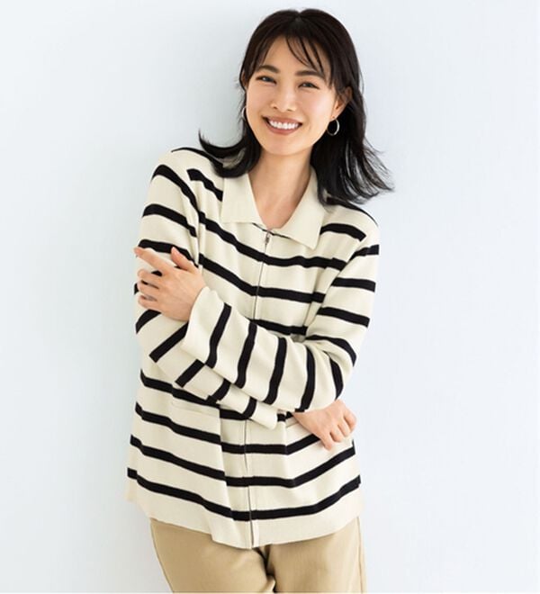 BELLUNA（ベルーナ）の「《ＨｕｇＲｅａｍコットン》ジッパーニットジャケット（その他ジャケット）」｜ホワイト&times;ブラック