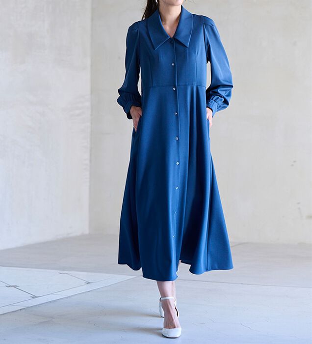 ワンピース　シャツ✨ セール 5分袖サイドプリーツシャツワンピース≪手洗い可能