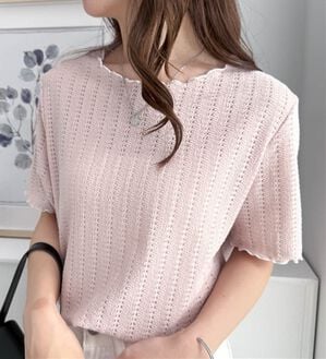 RANAN（ラナン）の「透かし柄メロー配色Ｔシャツ（カットソー）」｜ピンク