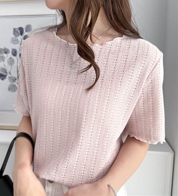 RANAN（ラナン）の「透かし柄メロー配色Ｔシャツ（カットソー）」｜ピンク