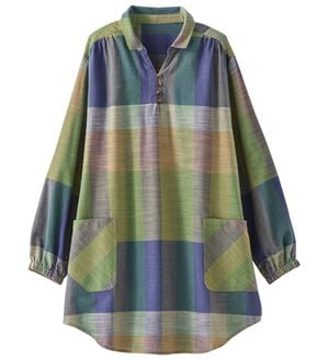 BELLUNA（ベルーナ）の「そのままお出かけ！スラブ素材かっぽうチュニック（チュニック）」｜グリーン系チェック