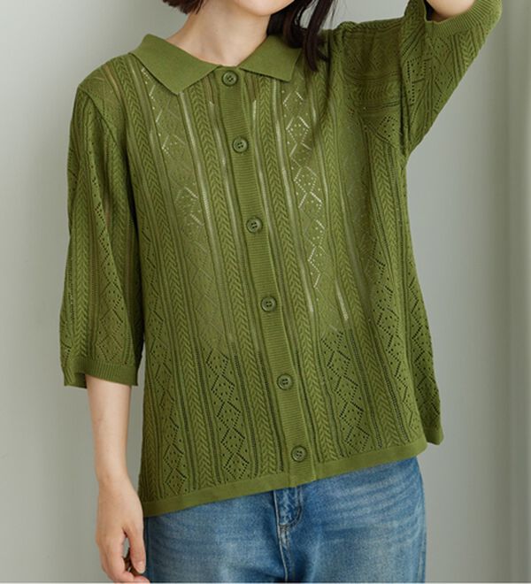 BELLUNA（ベルーナ）の「衿付き透かし編みニットカーディガン（ニットカーディガン）」｜詳細画像