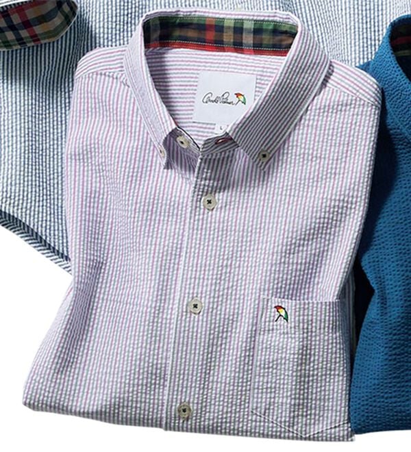 「＜アーノルド　パーマー＞シアサッカーデザインシャツ（長袖・７分袖）（メンズシャツ）」｜パープルストライプ