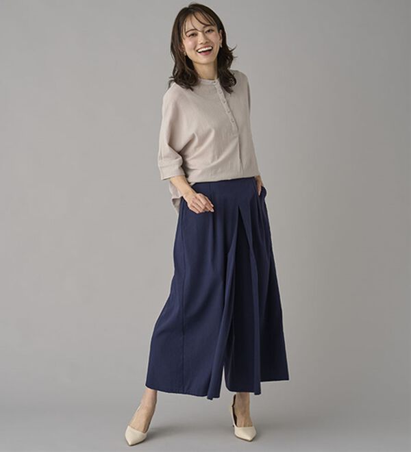 BELLUNA（ベルーナ）の「ひんやりスラブ調素材ガウチョパンツ（フルレングスパンツ）」｜詳細画像