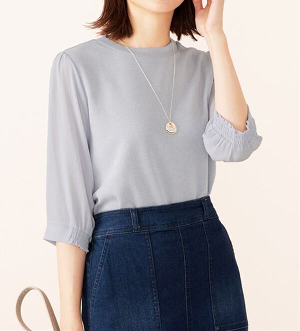 BELLUNA（ベルーナ）の「ラメ調袖切替デザインプルオーバー（カットソー）」｜サックス