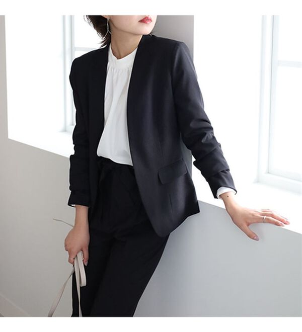 2点セット】洗えるノーカラージャケットパンツセットアップ  