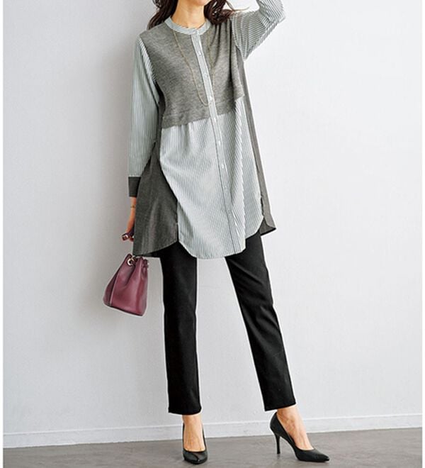 BELLUNA（ベルーナ）の「ストライプ&times;異素材切替シャツチュニック（チュニック）」｜詳細画像