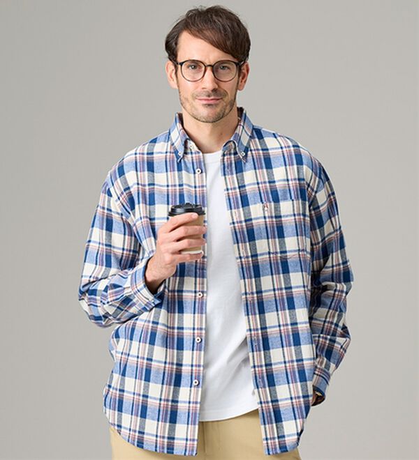 「＜ハッシュパピー＞しっとり柔らか綿１００％ネルシャツ（メンズシャツ）」｜詳細画像