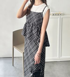 GeeRA（ジーラ）の「楽ちん！ペプラムキャミワンピース（カットソーワンピース）」｜黒系チェック