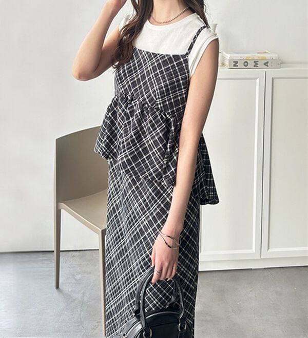 GeeRA（ジーラ）の「楽ちん！ペプラムキャミワンピース（カットソーワンピース）」｜黒系チェック