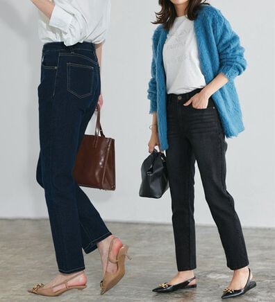 Pierrot（ピエロ）の「【ストレッチ素材】大人のためのゆるテーパードデニムパンツ（フルレングスパンツ）」