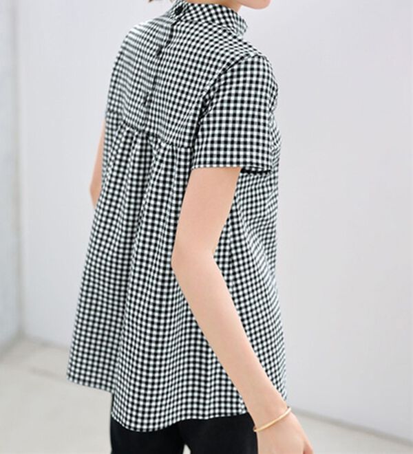 綿混バックボタンハイネックサッカーブラウス - ベルーナ【公式】