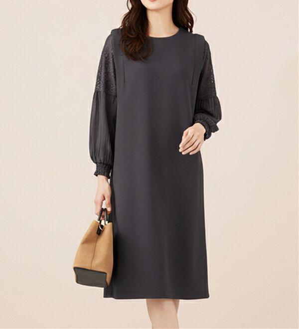 BELLUNA（ベルーナ）の「【新色追加】袖レース切替デザインきれい見えワンピース（その他ワンピース）」｜チャコール系