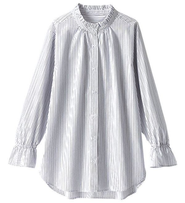 BELLUNA（ベルーナ）の「衿フリル使いラメストライプシャツチュニック（チュニック）」｜詳細画像