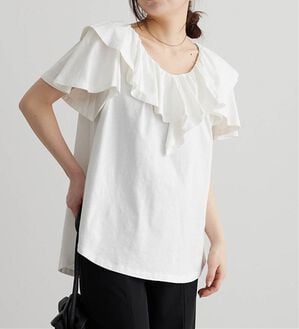 RANAN（ラナン）の「ひんやり！綿１００％フリル衿カットソープルオーバー（カットソー）」｜オフホワイト