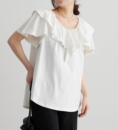 RANAN（ラナン）の「ひんやり！綿１００％フリル衿カットソープルオーバー（カットソー）」