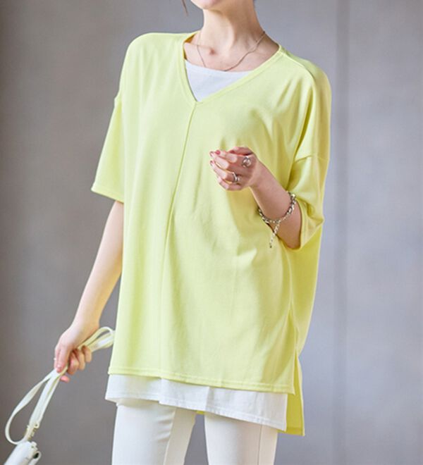 RANAN（ラナン）の「レイヤード風ニットソー半袖チュニック（チュニック）」｜詳細画像