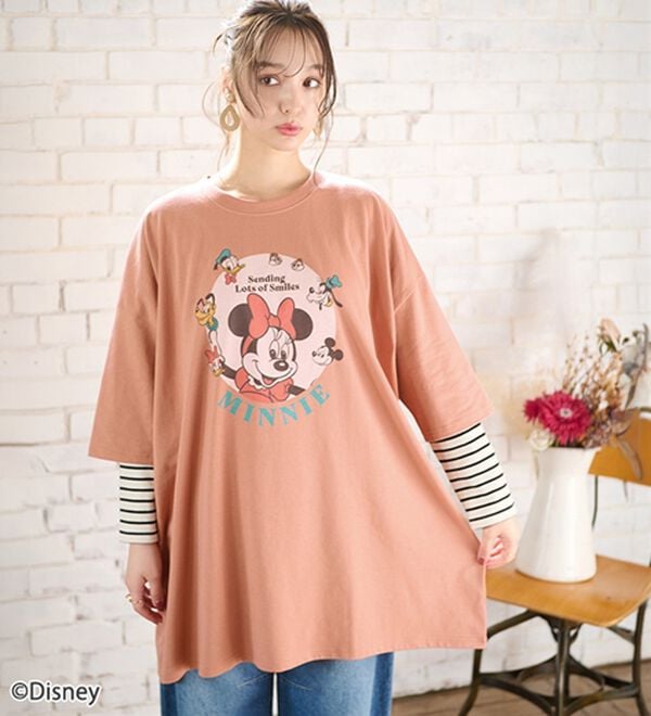 BELLUNA（ベルーナ）の「＜Ｄｉｓｎｅｙ＞【ミニー】ビッグ7分袖プリントTシャツ（Tシャツ）」｜アプリコット