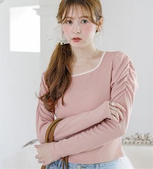 alotta（アロッタ）の「【Corie】配色パワショルリブトップス（カットソー）」｜ピンク