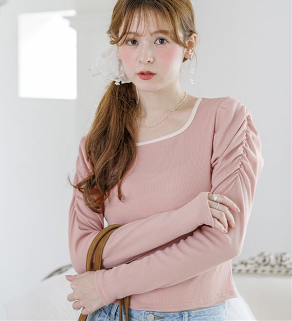 alotta（アロッタ）の「【Corie】配色パワショルリブトップス（カットソー）」｜ピンク