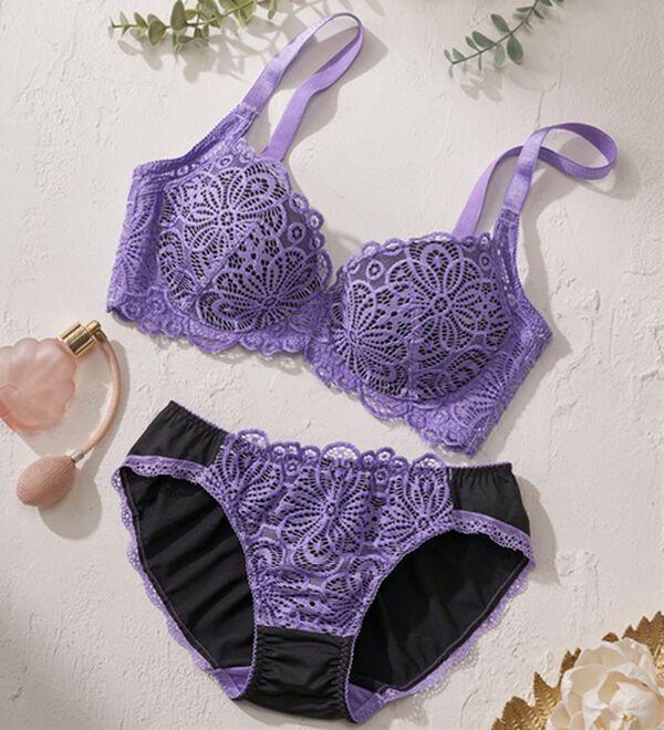 パープル系ブラジャーショーツセット レーシー脇高スッキリブラ＆ショーツ ～配色カラー～ - ベルーナ【公式】