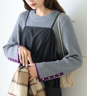 A HAPPY MARILYN（アハッピーマリリン）の「【Ｌ～８Ｌ】フィットしすぎない！もっちりリブ 配色美人着回し 袖ボタンニット（ニット・セーター）」｜グレー×パープル