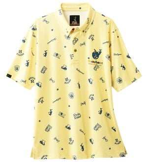 「＜ロッキーラビット＞ゴルフデザイン総柄ポロシャツ（メンズポロシャツ）」｜イエロー
