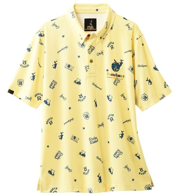 「＜ロッキーラビット＞ゴルフデザイン総柄ポロシャツ（メンズポロシャツ）」｜イエロー