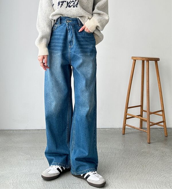 美脚見え！2ボタンウエストワイドデニムパンツ - ベルーナ【公式】