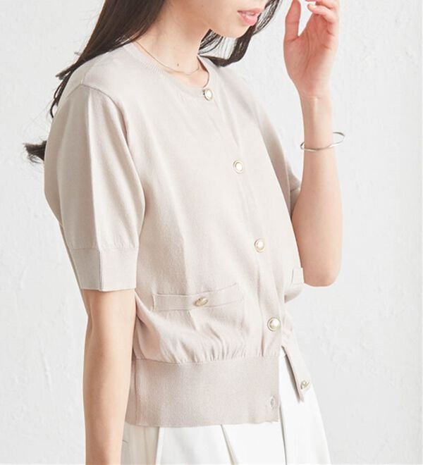 RANAN（ラナン）の「ゴールド調ボタン5分袖ニットカーデ（ニットカーディガン）」｜詳細画像