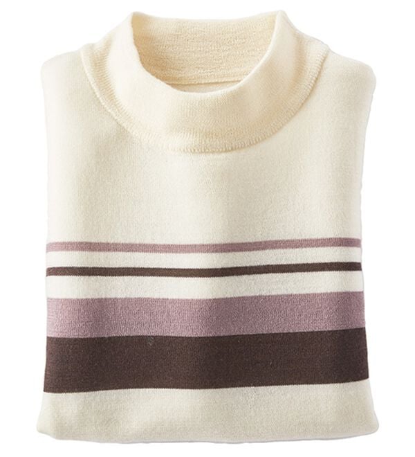 BELLUNA（ベルーナ）の「洗える！メリノウール１００％ハイネックセーター（ニット・セーター）」｜オフ白系ボーダー