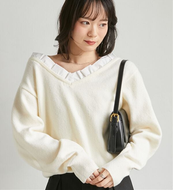 RANAN（ラナン）の「配色フリル衿ニット（ニット・セーター）」｜アイボリー
