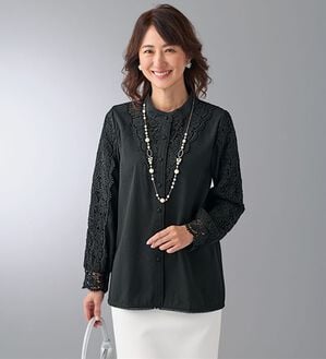 BELLUNA（ベルーナ）の「ケミカルレース使い立衿デザインブラウス（ブラウス）」｜黒