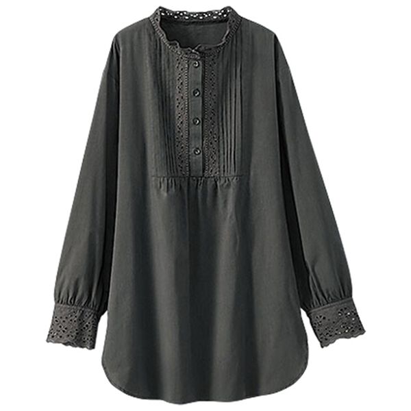 BELLUNA（ベルーナ）の「衿＆袖レース切替シャツチュニック（チュニック）」｜チャコール