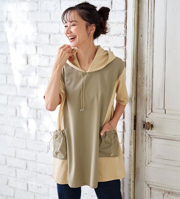 BELLUNA（ベルーナ）の「【２枚組】異素材切替スピンドル使いフードチュニック（チュニック）」｜詳細画像