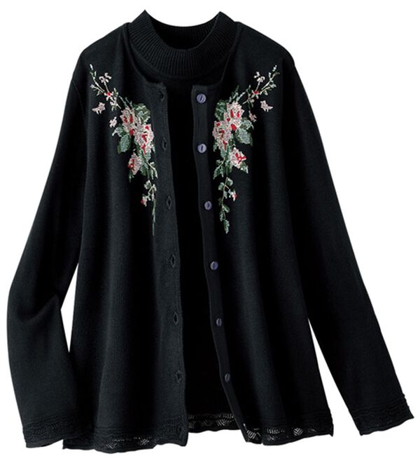 BELLUNA（ベルーナ）の「クロスステッチ刺しゅうカーディガンアンサンブル（ニットカーディガン）」｜黒