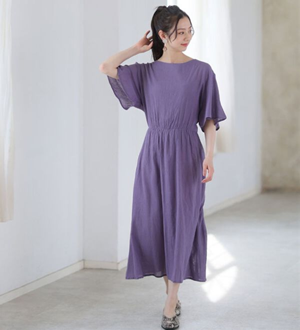 A HAPPY MARILYN（アハッピーマリリン）の「風通る 綿 楊柳 フレア袖 ウエストゴム ワンピース（カットソーワンピース）」｜詳細画像