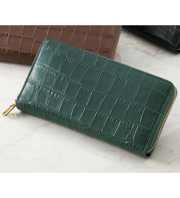 「牛革クロコ型押しラウンド長財布（メンズ財布・パスケース）」｜グリーン