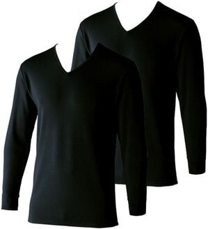 「【２枚組】＜ベルウォーム（Ｒ）＞しっかり厚地素材の＋４℃暖かインナー（メンズ肌着・インナーウェア）」｜ブラック 長袖V首