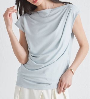 RANAN（ラナン）の「【ひんやり・ＵＶ】タックドレープフレンチスリーブカットソー（Tシャツ）」｜ブルー