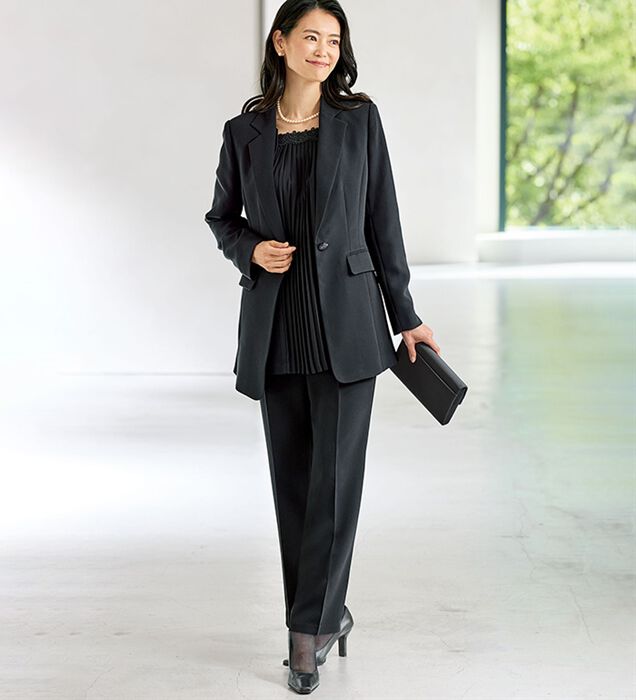 13号 黒 幅広く使える ブラウス付き 動きやすい パンツスーツ 通勤服 入学式 卒業式 ママスーツ セレモニースーツ レディース 安い #0M065 洗えるパンツスーツ(6008652)１３号・ブラック｜フォーマルメッセージ