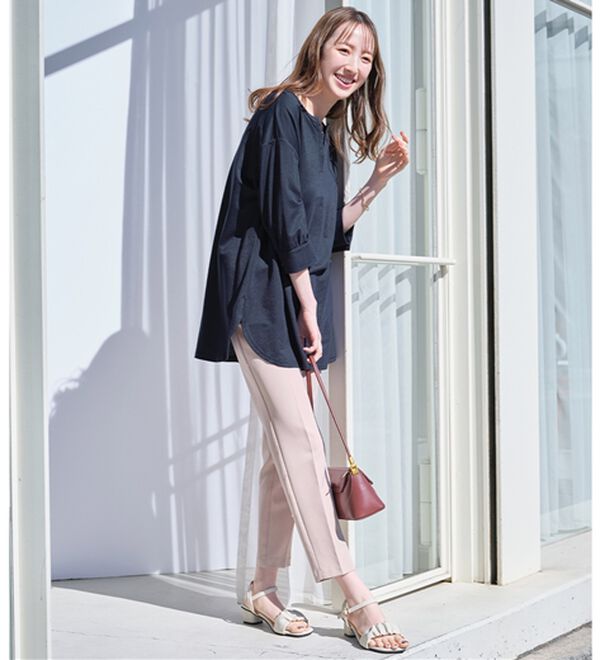 alotta（アロッタ）の「【接触冷感】６分袖衿フェイク裾ラウンドチュニック（チュニック）」｜詳細画像