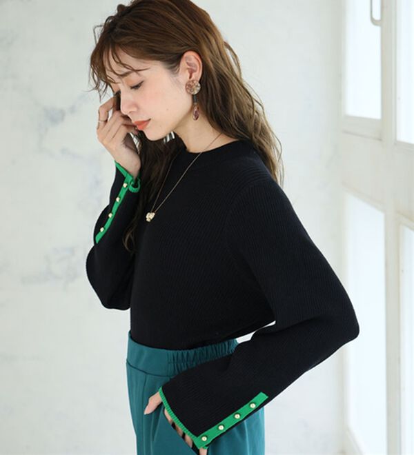 A HAPPY MARILYN（アハッピーマリリン）の「【Ｌ～８Ｌ】フィットしすぎない！もっちりリブ 配色美人着回し 袖ボタンニット（ニット・セーター）」｜詳細画像