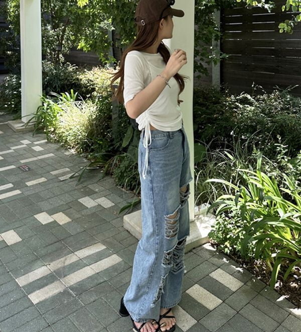 GeeRA（ジーラ）の「オリジナルパットダメージワイドデニム（ワイドパンツ・ガウチョ）」｜詳細画像