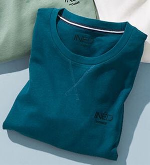 「＜イネド＞綿１００％ゆったり６分袖ライトトレーナー（メンズトレーナー）」｜ブルーグリーン