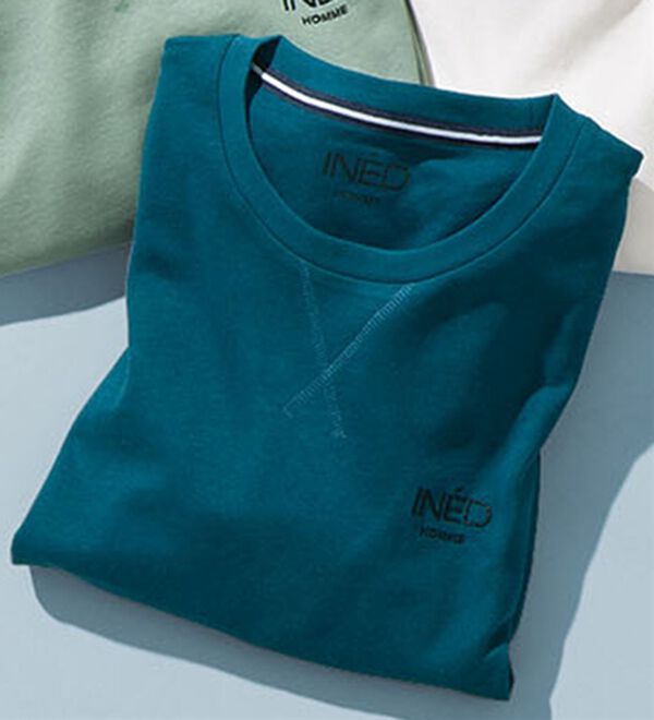 「＜イネド＞綿１００％ゆったり６分袖ライトトレーナー（メンズトレーナー）」｜ブルーグリーン