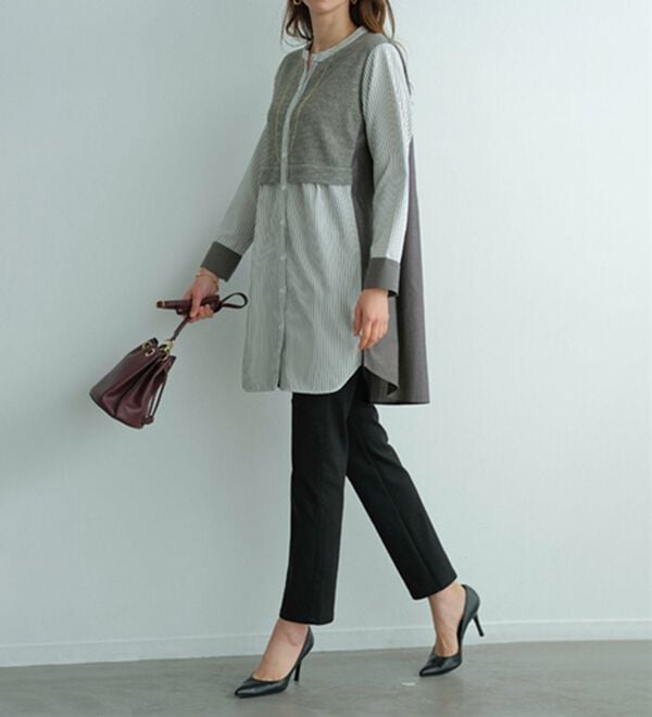 BELLUNA（ベルーナ）の「ストライプ&times;異素材切替シャツチュニック（チュニック）」｜詳細画像